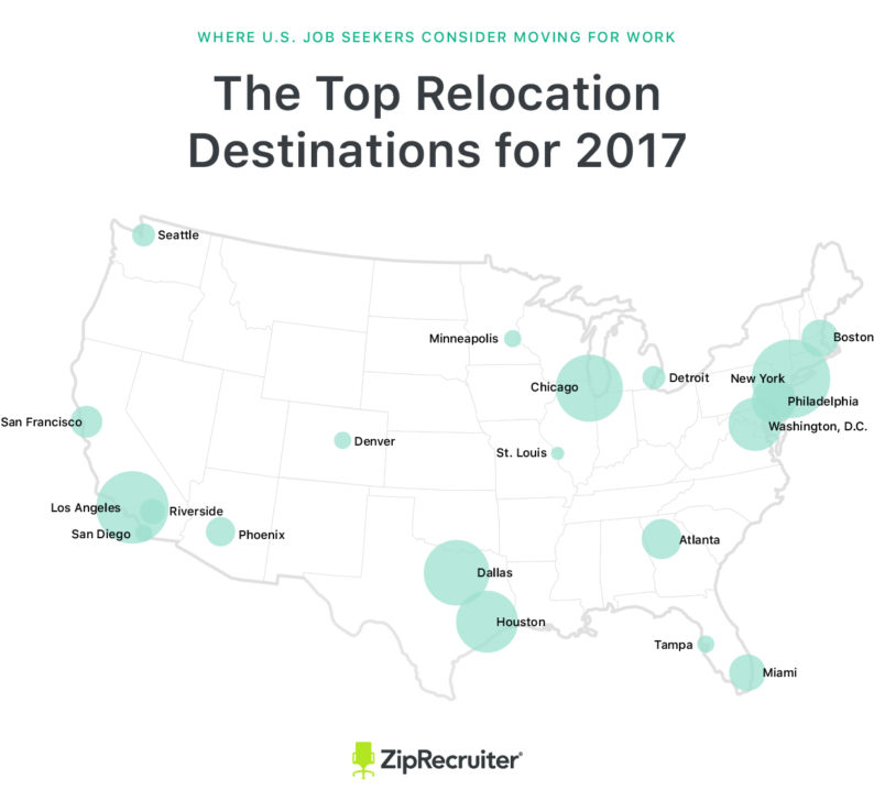 Map of the United States for best job relocations
