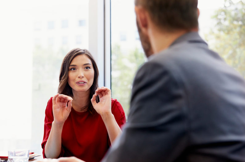 Woman responds to interview questions