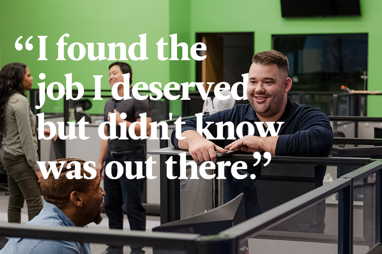 Rick talks to co-workers at the job he found on ZipRecruiter