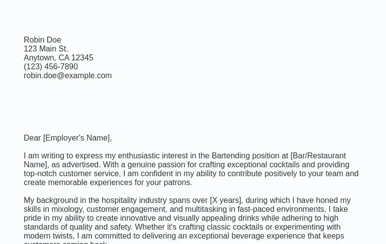 Cover Letter Example (2023) Bartending Jobs (Free) Ziprecruiter