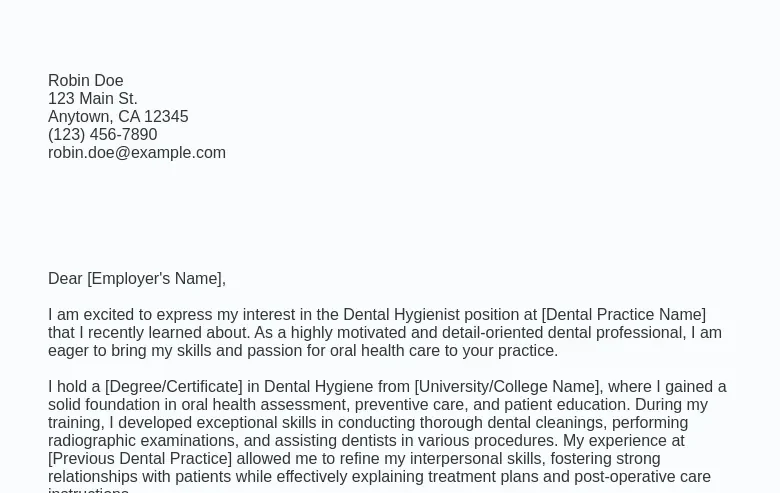 Cover Letter Example (2023) Dental Hygiene Jobs (Free) Ziprecruiter