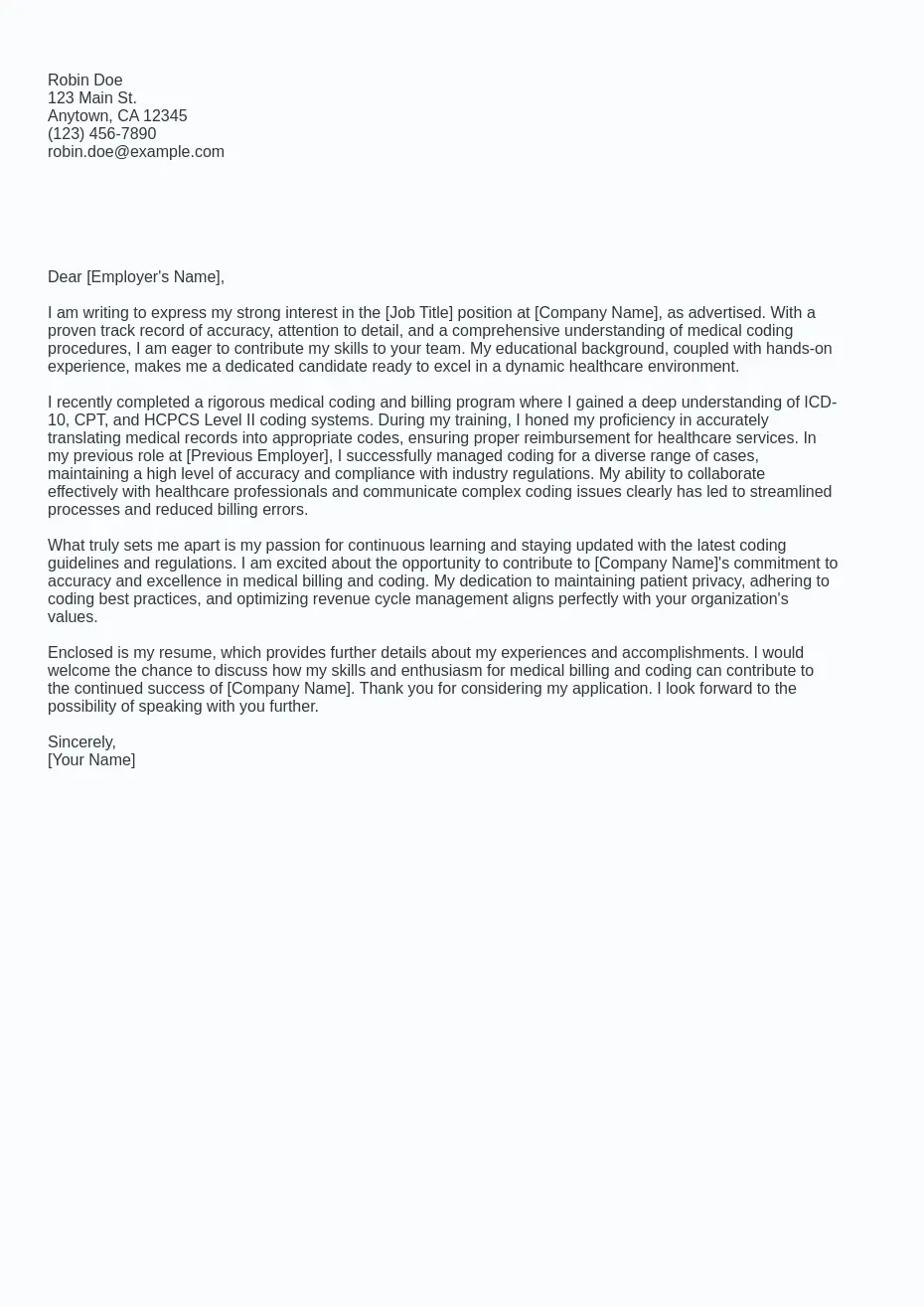 Example of a professional cover letter for a job applicant seeking a Medical Billing And Coding job in 2024, showcasing a structured format with placeholders for personalization and detailed expression of interest in the position.
