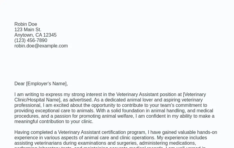 Cover Letter Example (2023) Veterinary Assistant Jobs Ziprecruiter