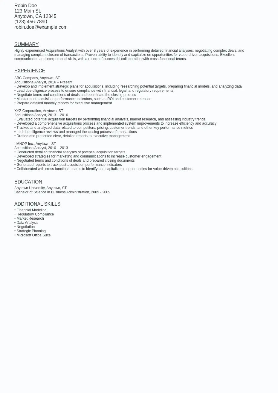 Acquistions Analyst Resume Sample Template (Free Download)