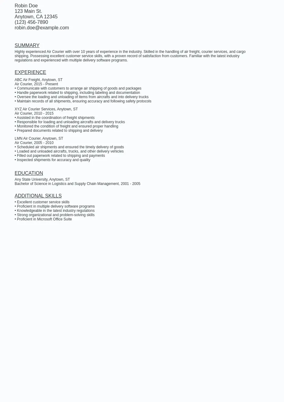Air Courier Resume Sample Template (Free Download) Ziprecruiter
