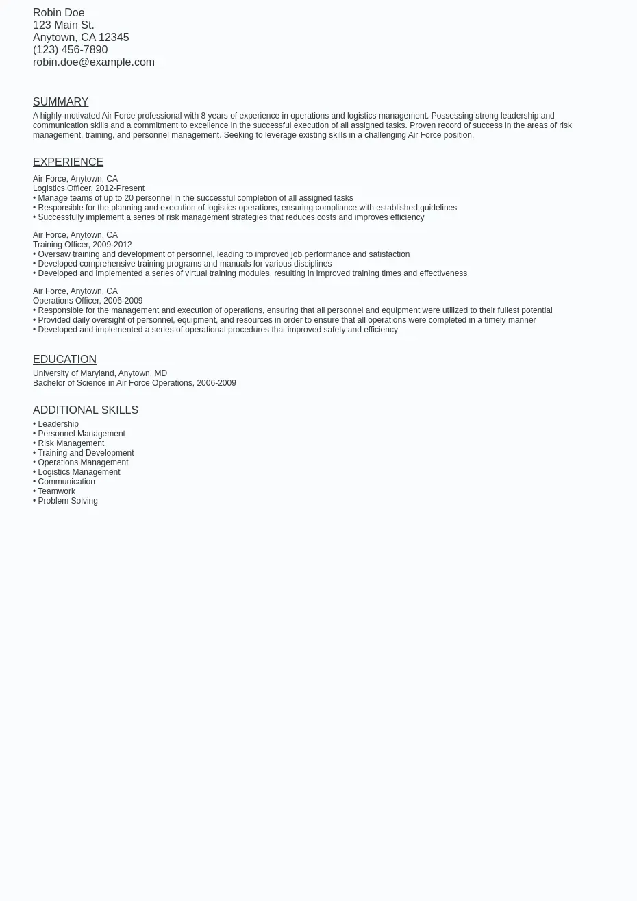 Air Force Resume Sample Template (Free Download) Ziprecruiter
