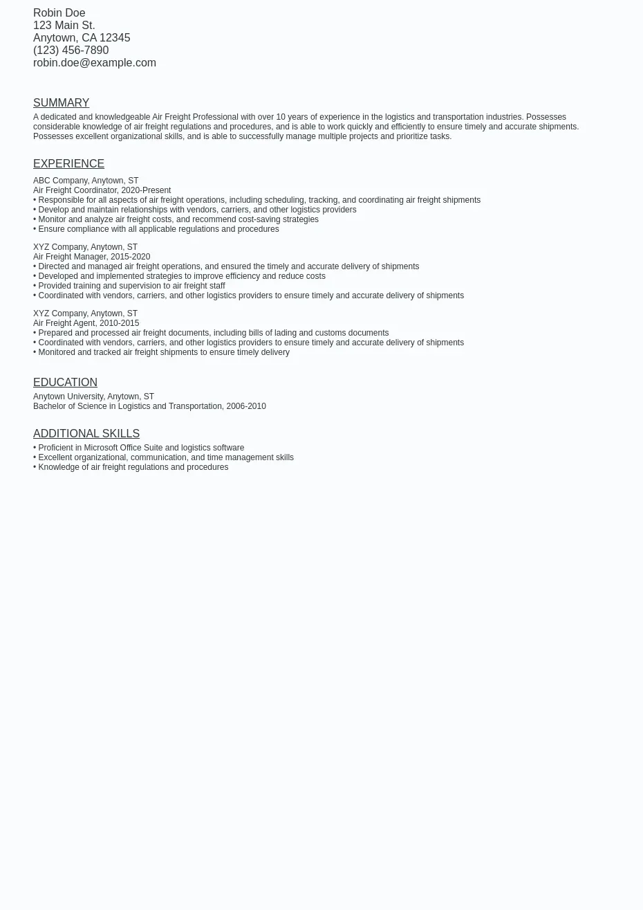 Air Freight Resume Sample Template (Free Download)