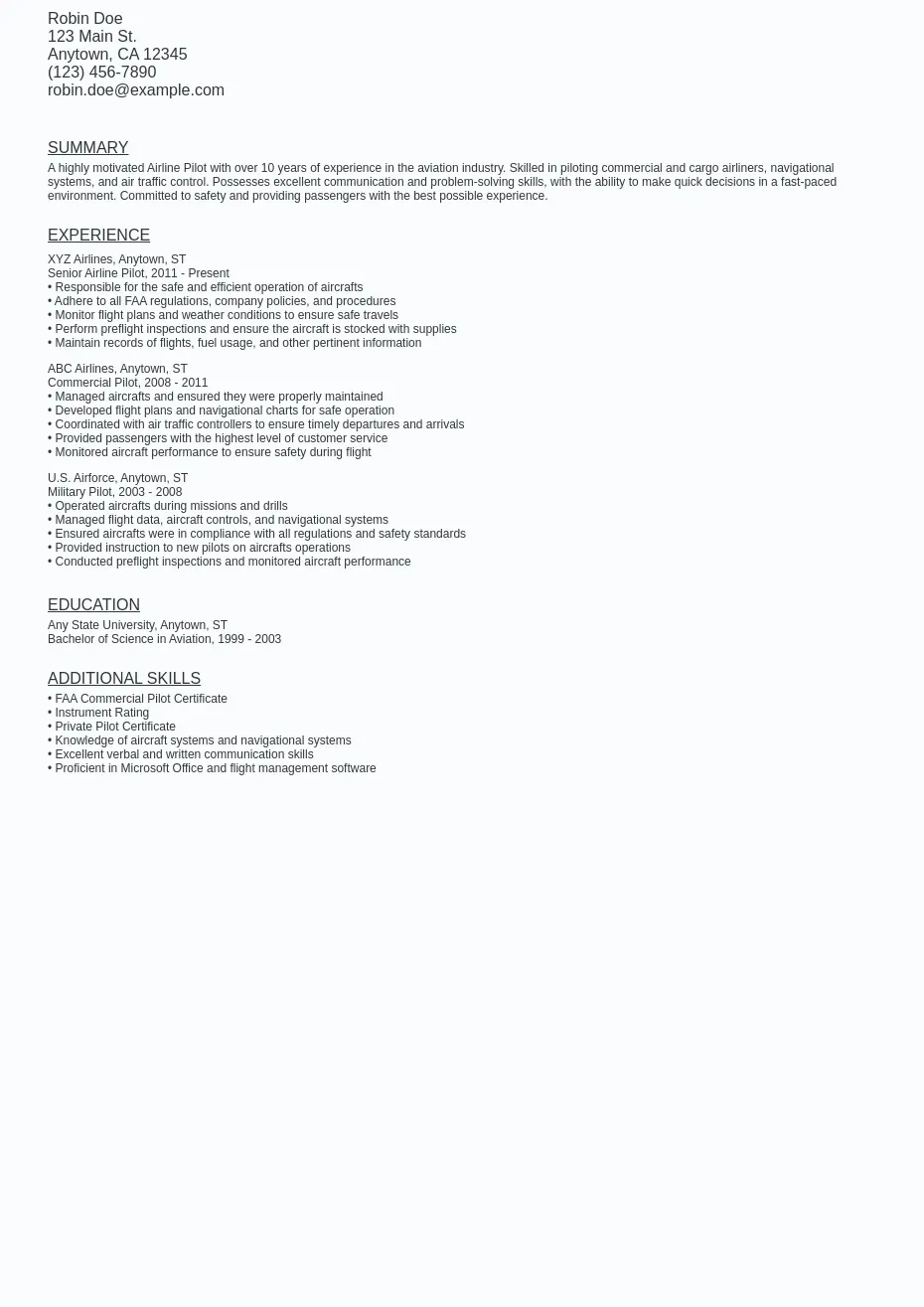Airline Pilot Resume Sample Template (Free Download) Ziprecruiter