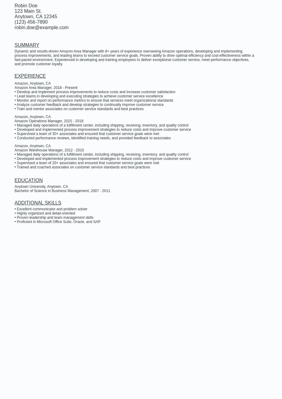Amazon Area Manager Resume Sample Template (Free Download) Ziprecruiter