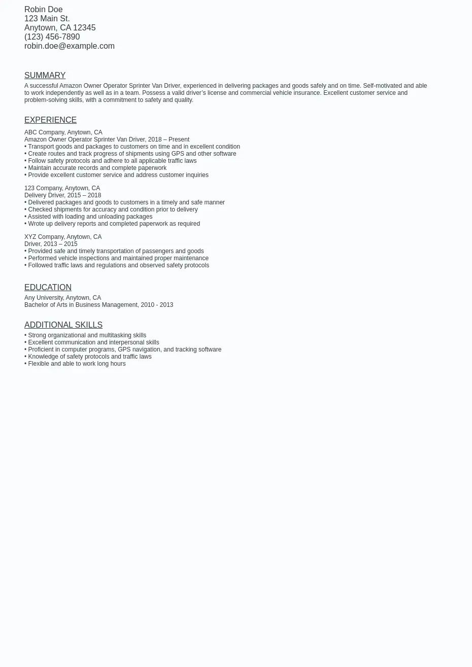 Amazon Owner Operator Sprinter Van Resume Sample Template (Free)