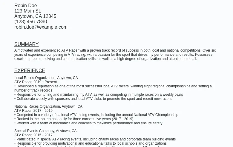 ATV Racing Resume Sample Template (Free Download) Ziprecruiter