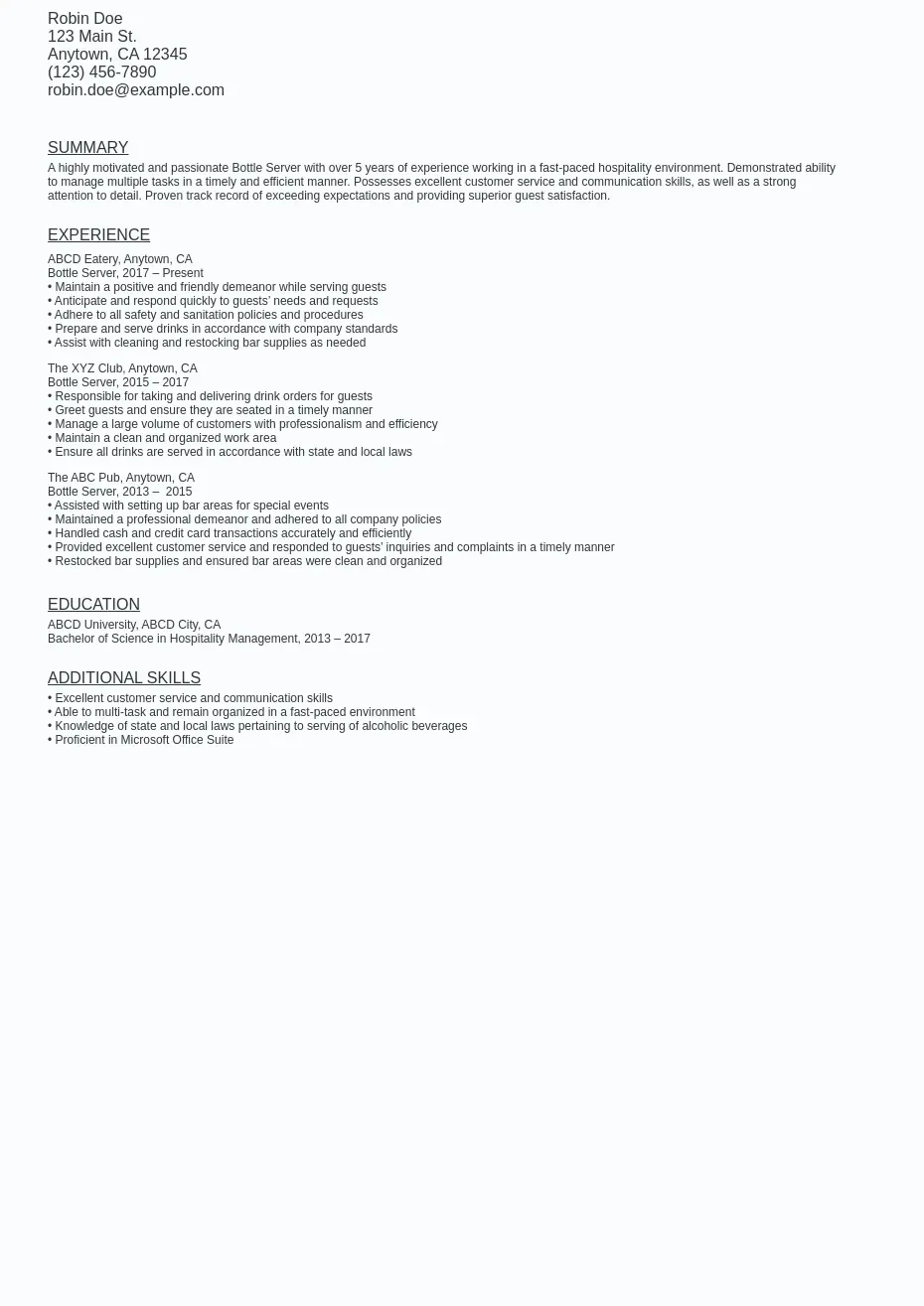 Bottle Server Resume Sample Template (Free Download)