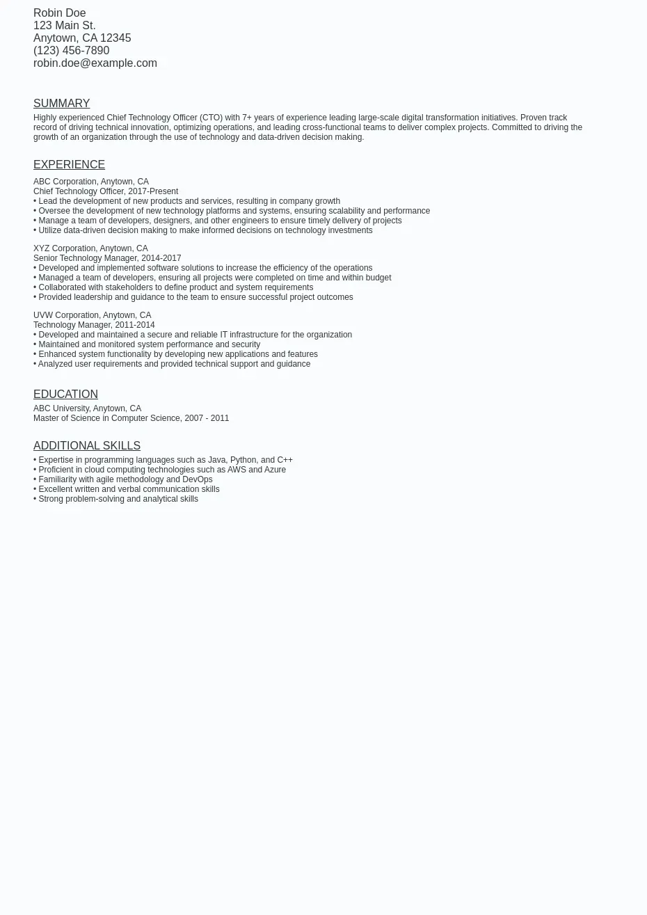 Chief Technology Officer (CTO) Resume Sample Template (Free) Ziprecruiter