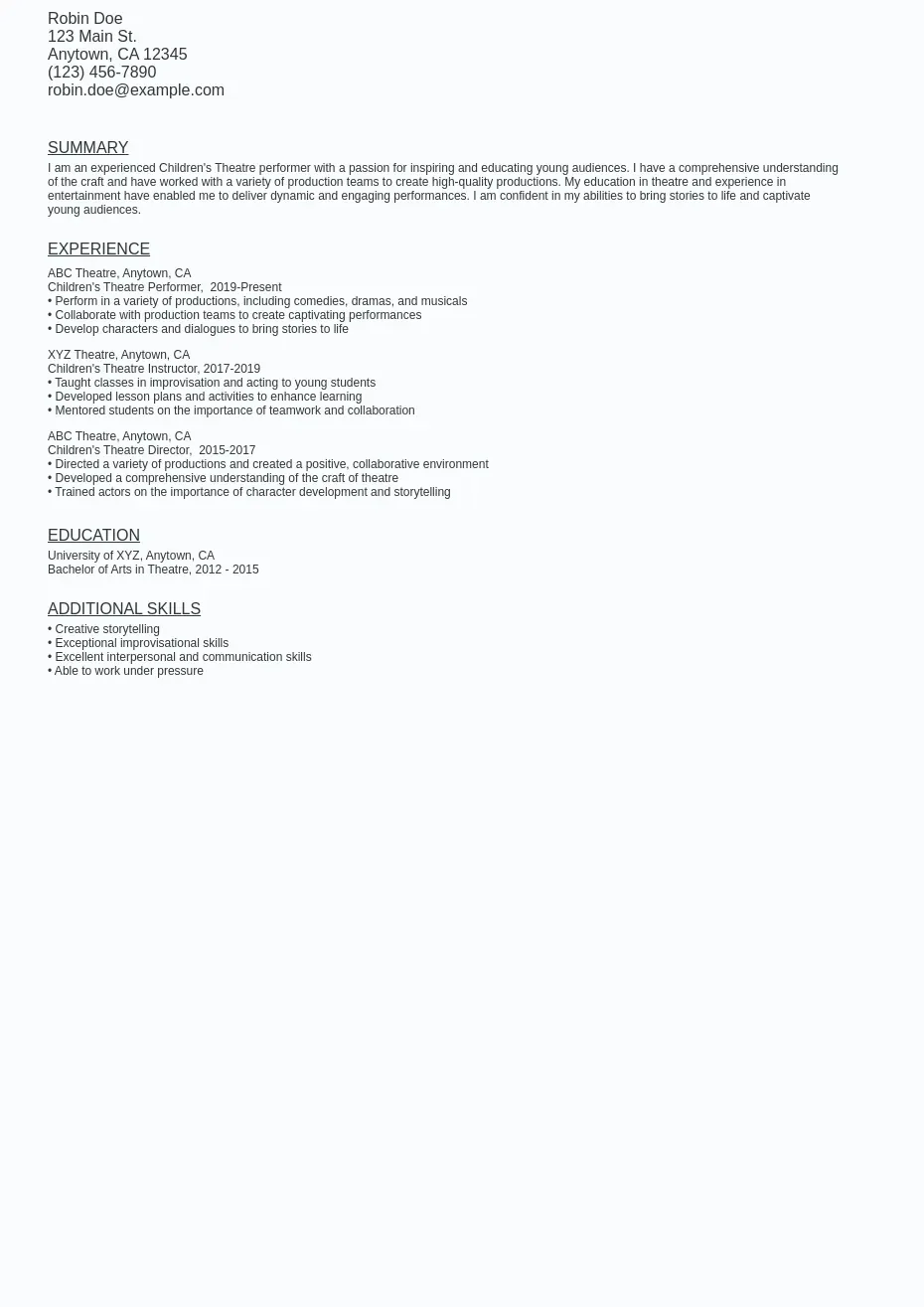 Children 39 s Theatre Resume Sample - Childrens Theatre Resume Sample Template (free Download).webp=ws930x1315