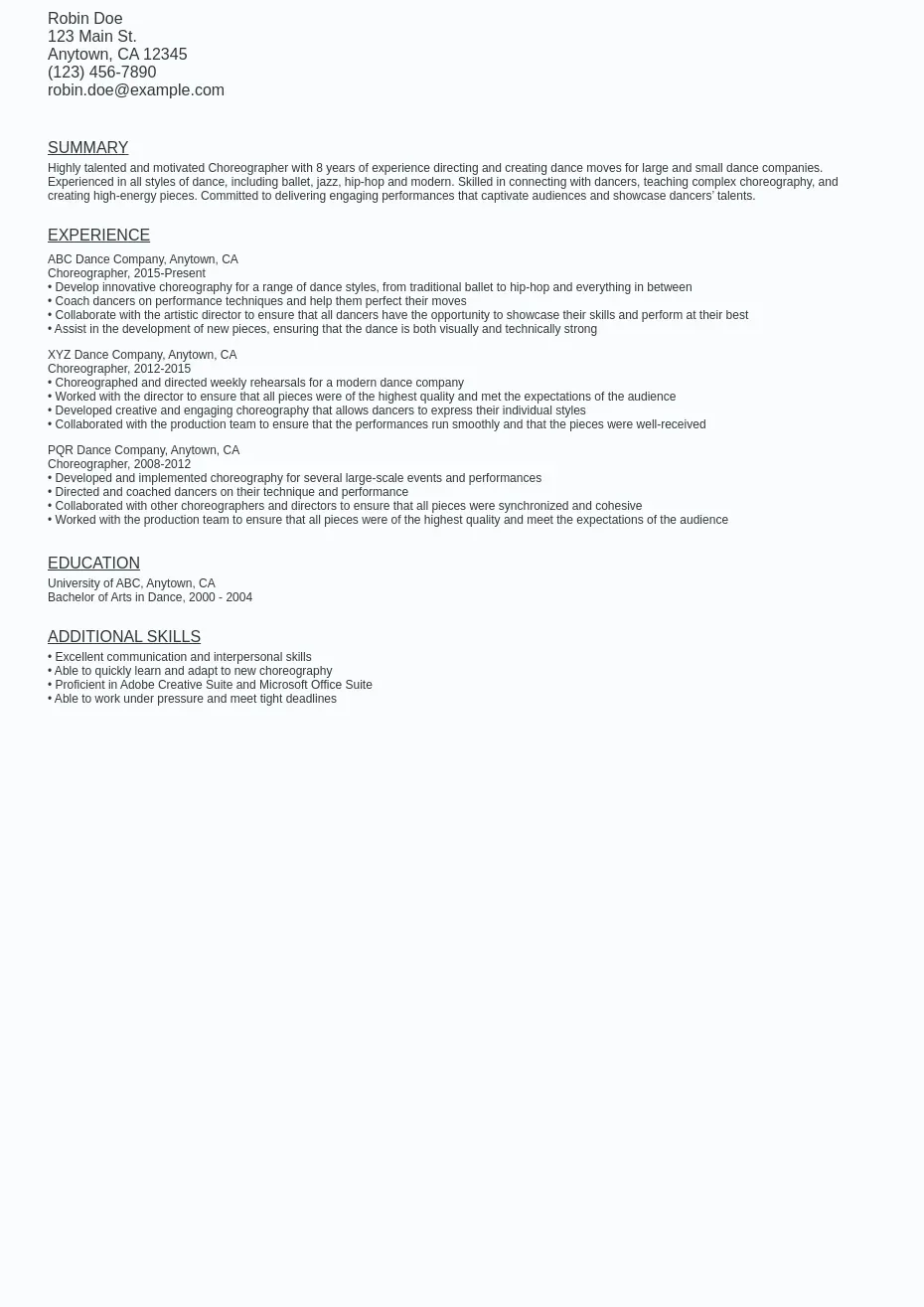 Choreographer Resume Sample Template - Choreographer Resume Sample Template (free Download).webp=ws930x1315