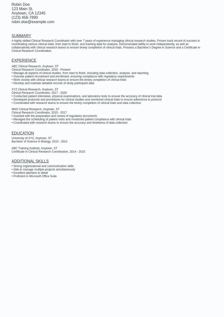 Clinical Research Coordinator Resume Sample Template (Free) Ziprecruiter