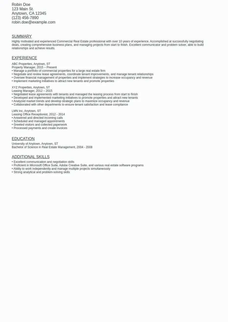 Commercial Real Estate Resume Sample Template: Free Download Ziprecruiter
