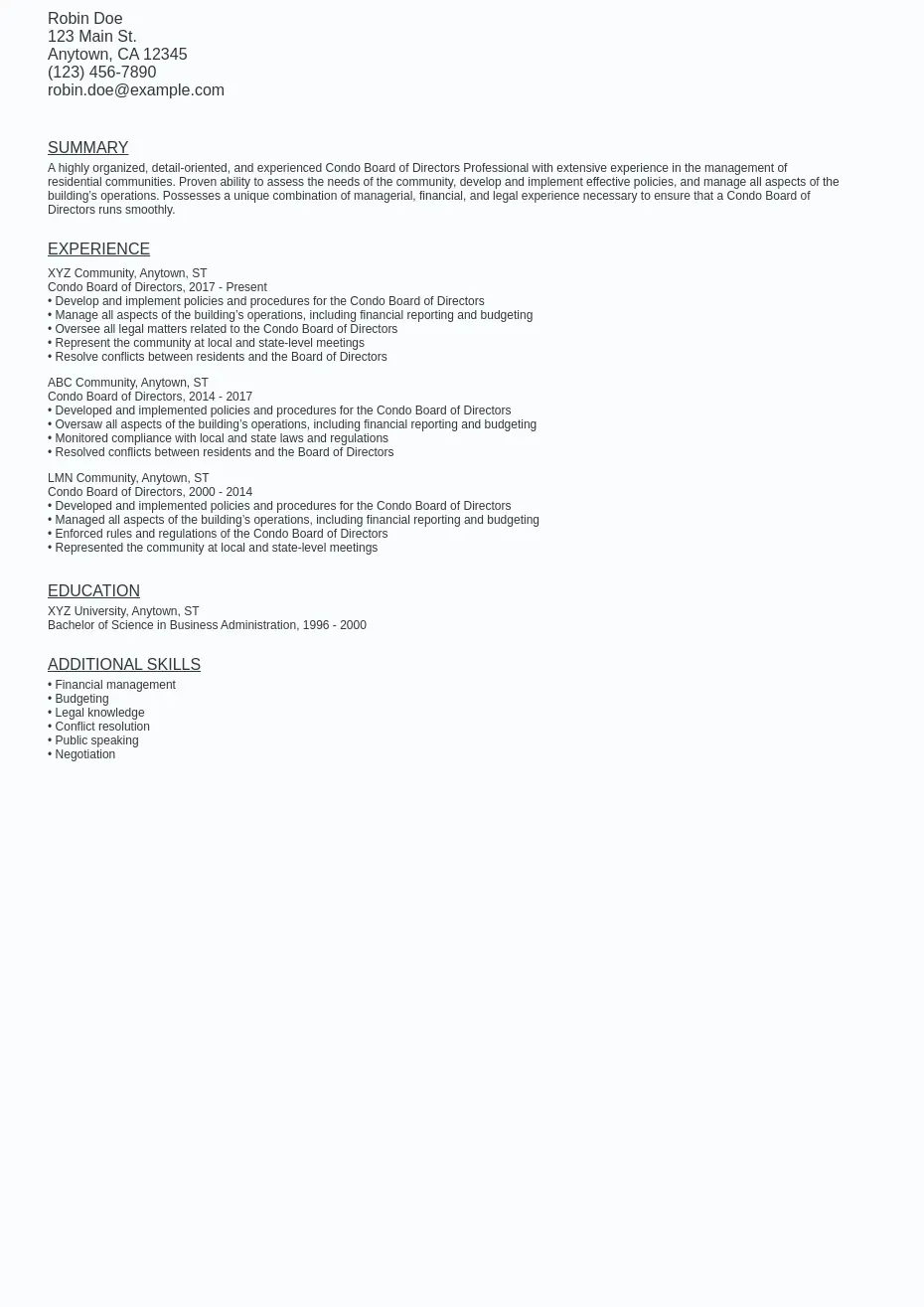 Condo Board of Directors Resume Sample Template (Free) Ziprecruiter