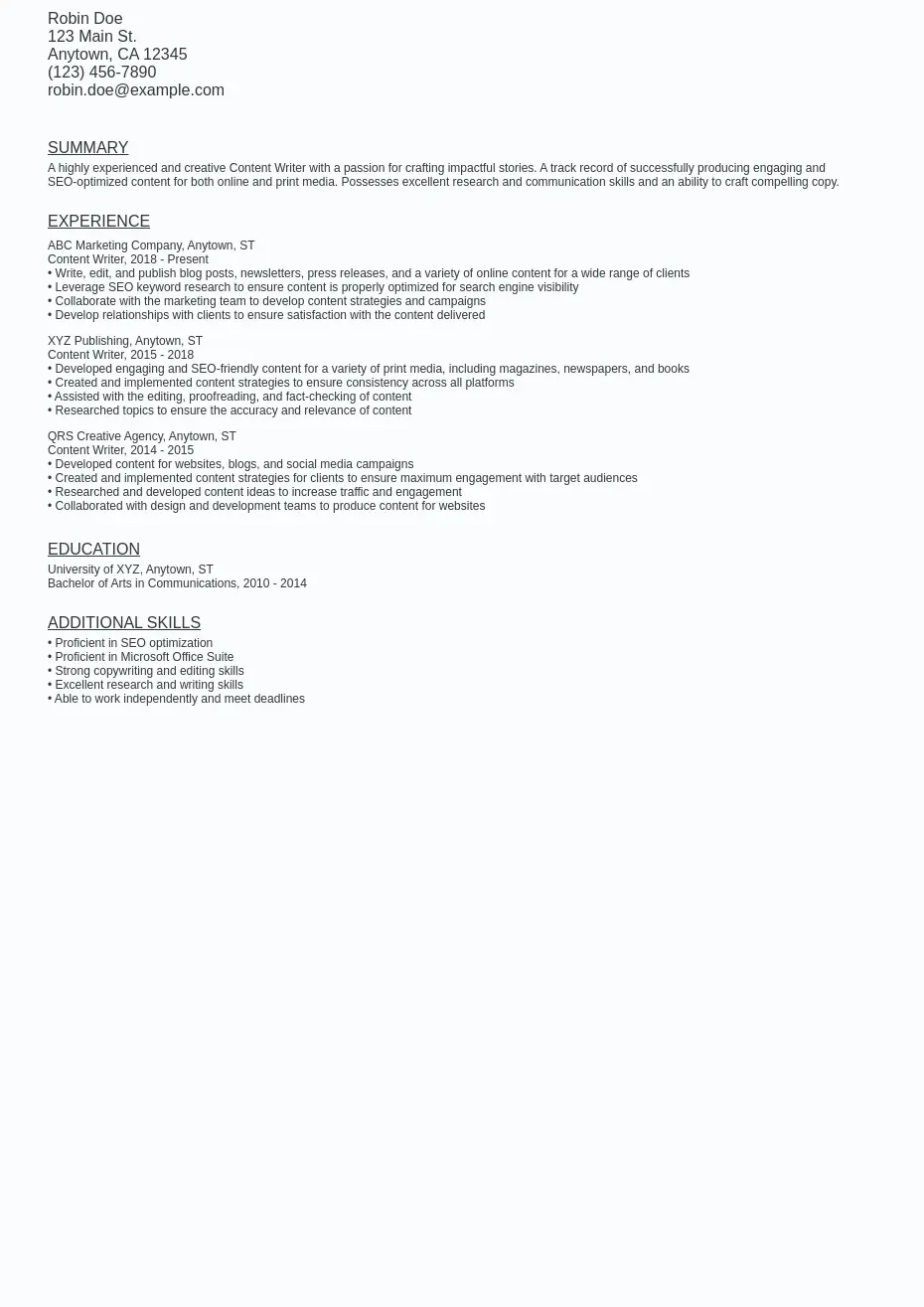 Content Writer Resume Sample Template (Free Download) Ziprecruiter