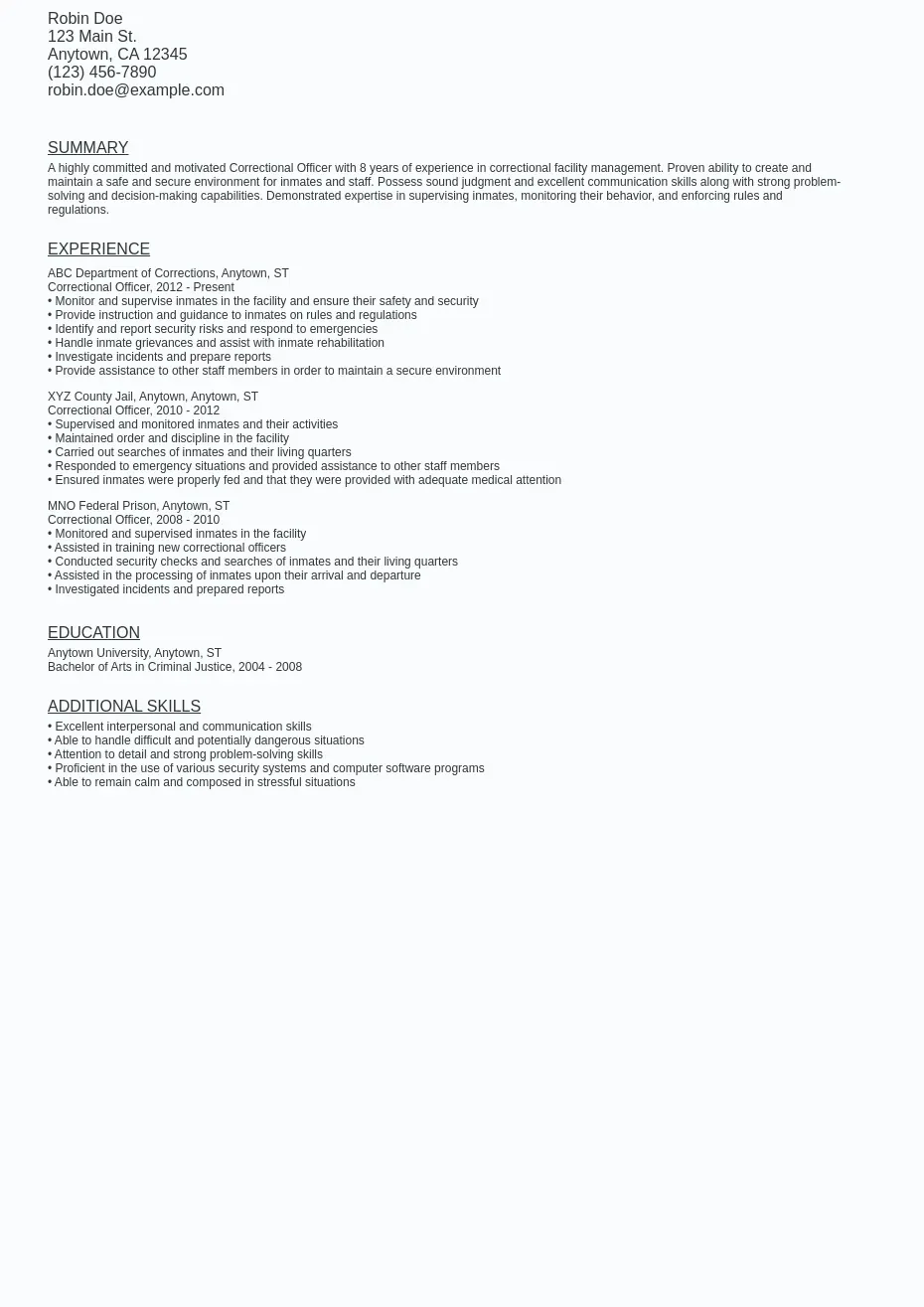 Correctional Officer Resume Sample Template (Free Download)