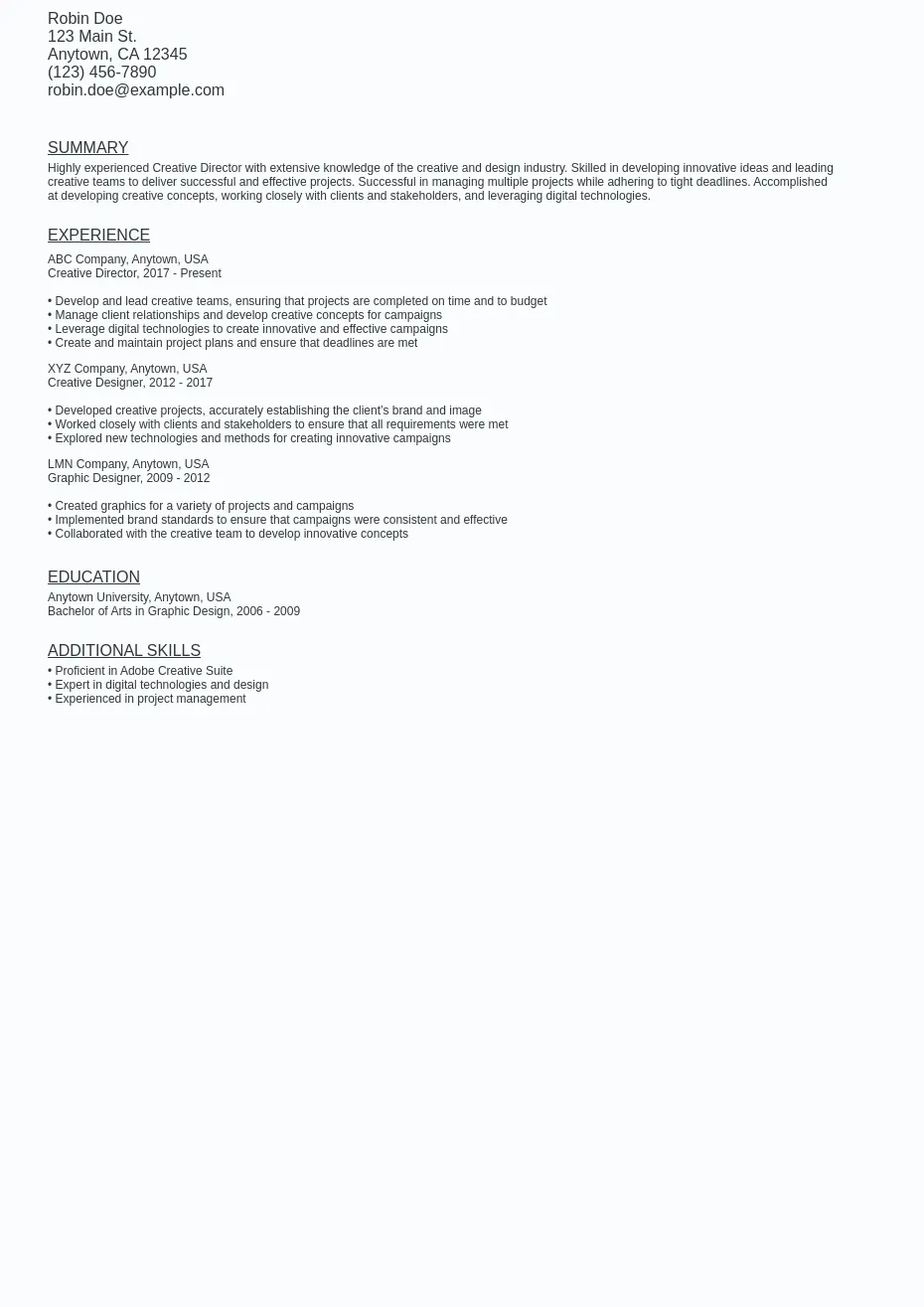 Creative Director Resume Sample Template (Free Download) Ziprecruiter