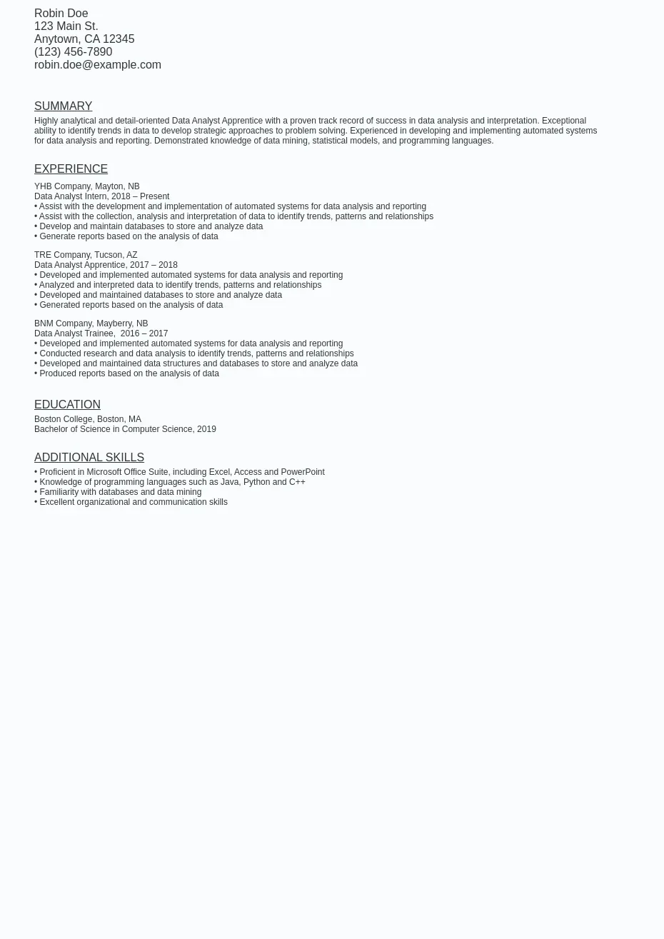 Data Analyst Apprenticeship Resume Sample Template (Free) Ziprecruiter