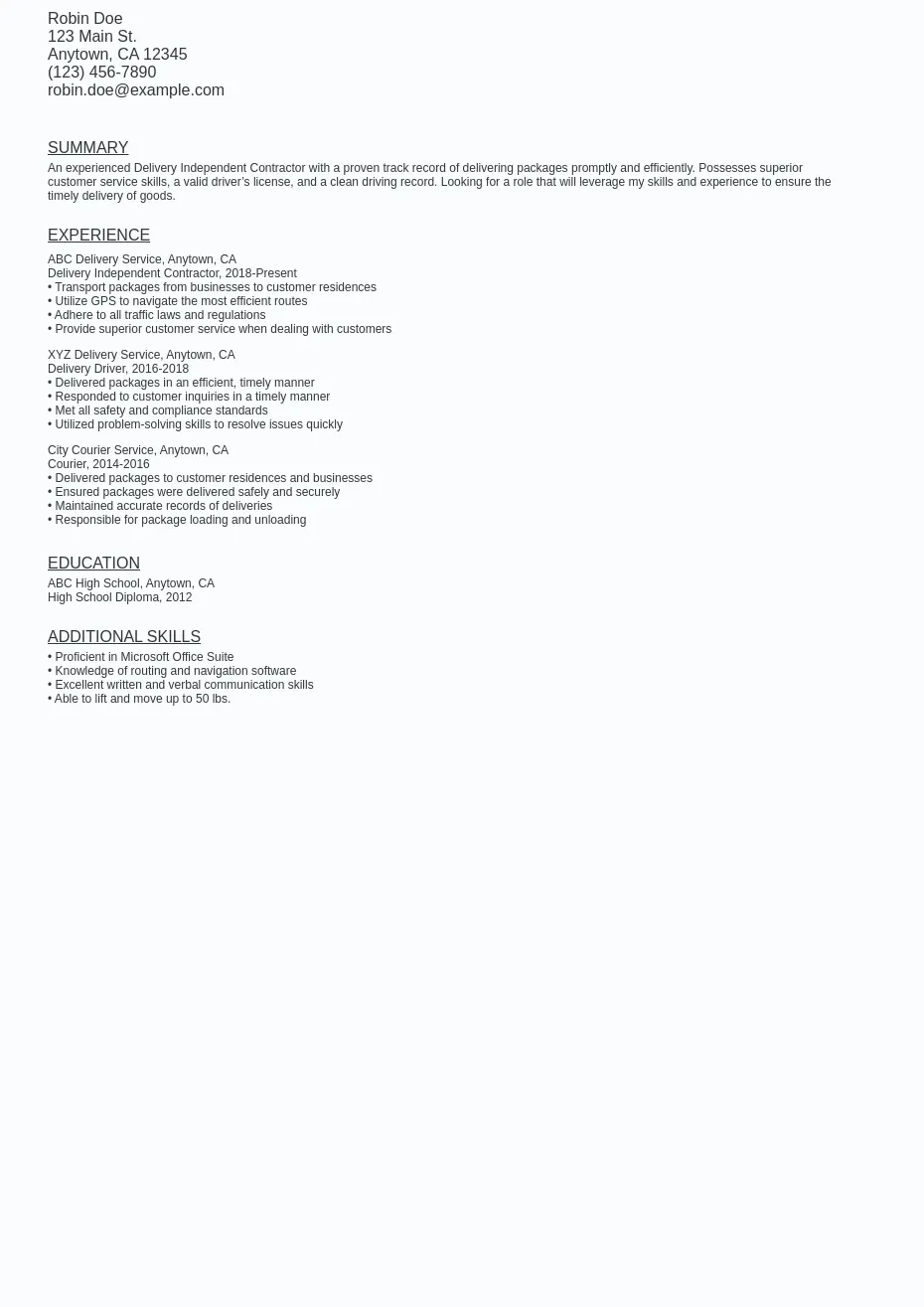 Delivery Independent Contractor Resume Sample Template Free
