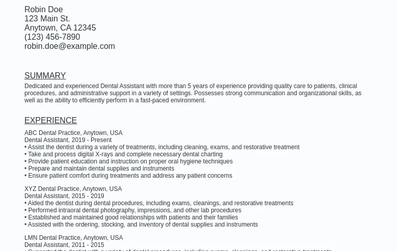 Dental Assistant Resume Sample Template (Free Download) Ziprecruiter