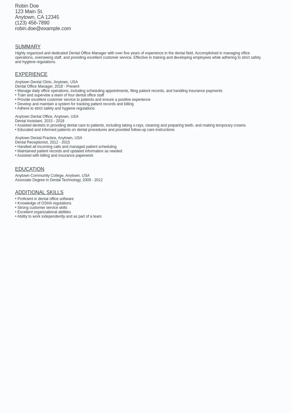 Dental Office Manager Resume Sample Template (Free Download) Ziprecruiter