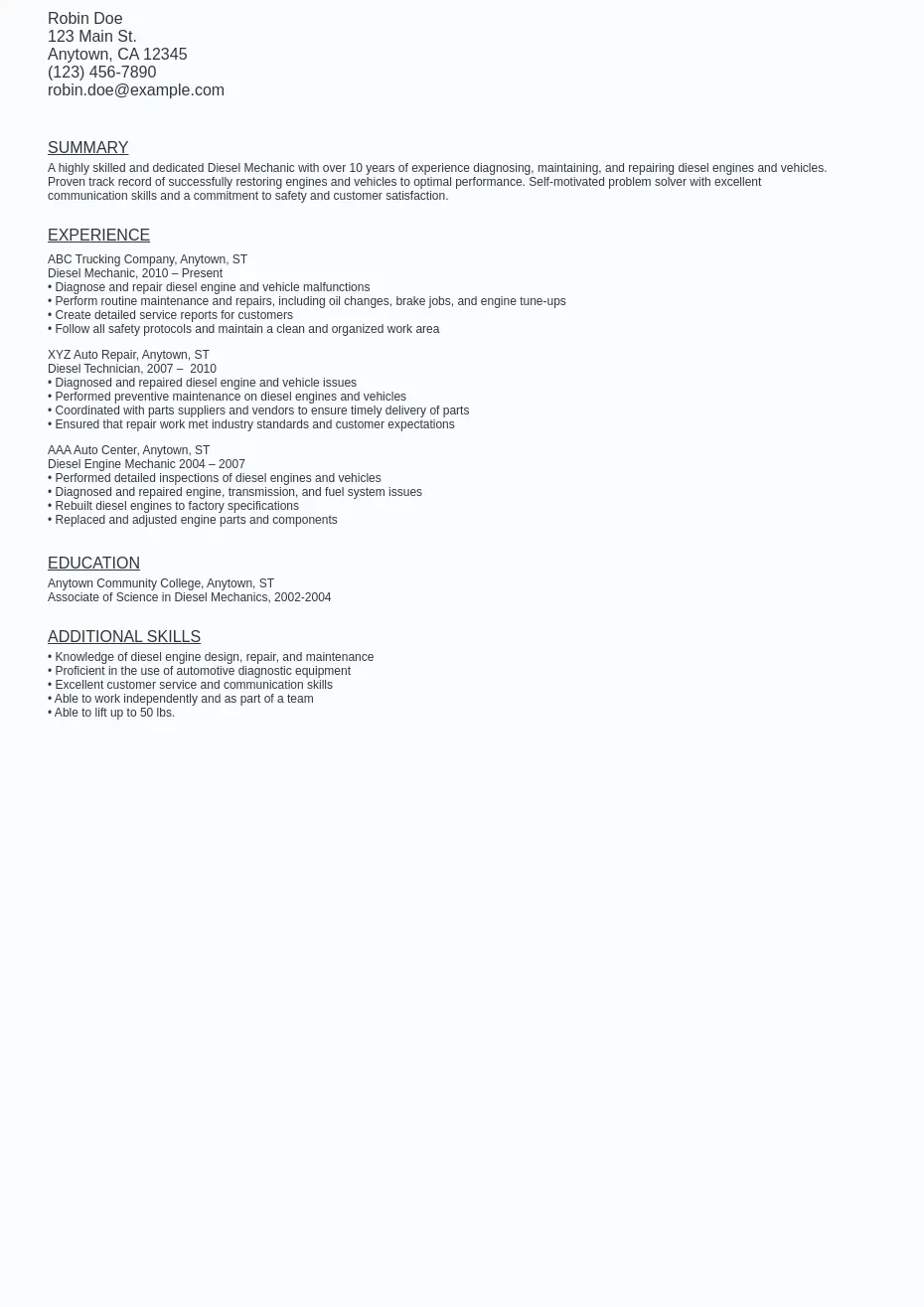 Diesel Mechanic Resume Sample Template (Free Download) Ziprecruiter