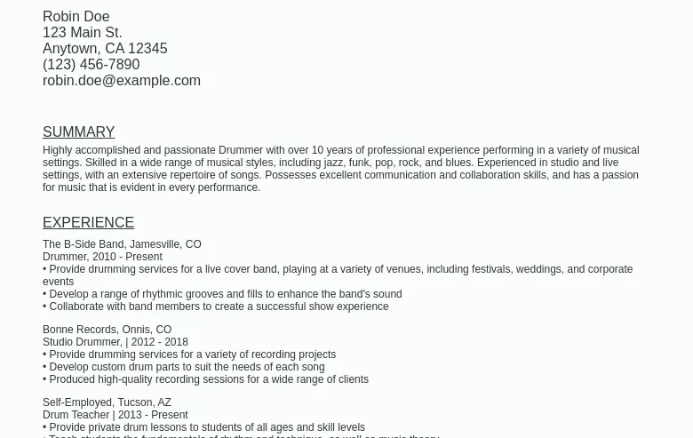Drummer Resume Sample Template (Free Download)