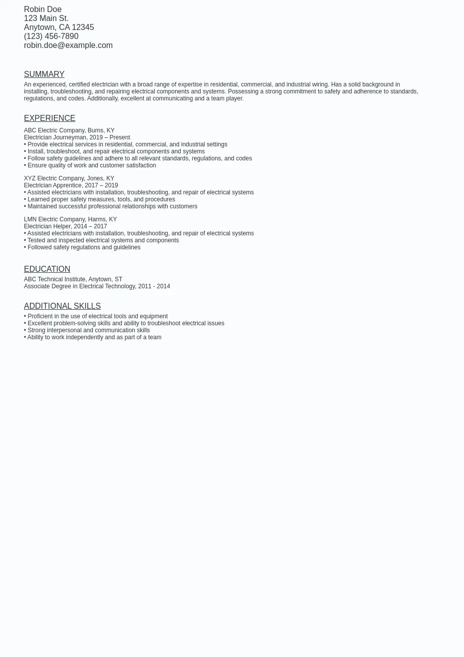 Electrician Journeyman Resume Sample Template: Free Download Ziprecruiter