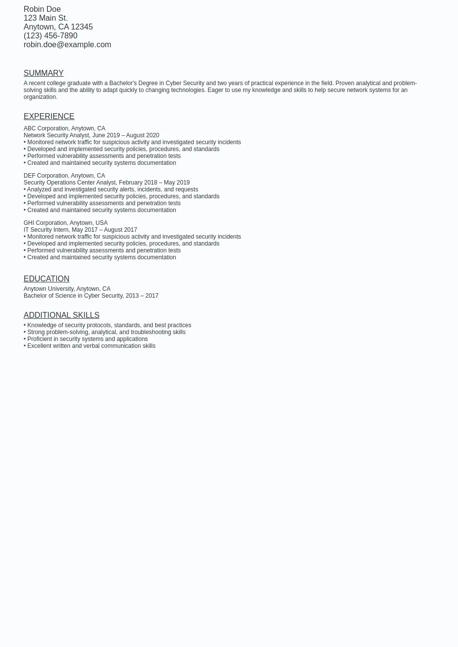 Entry-Level Cyber Security Resume Sample Template (Free) - Ziprecruiter