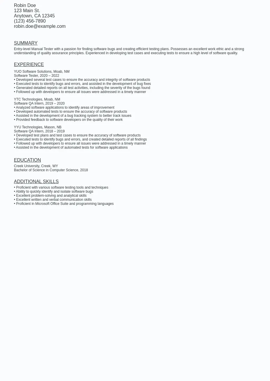 EntryLevel Manual Tester Resume Sample Template (Free)