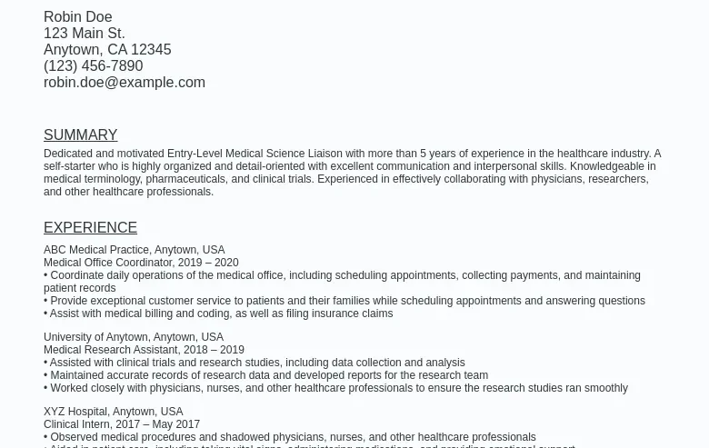 Entry Level Medical Science Liaison Resume Sample Template Ziprecruiter