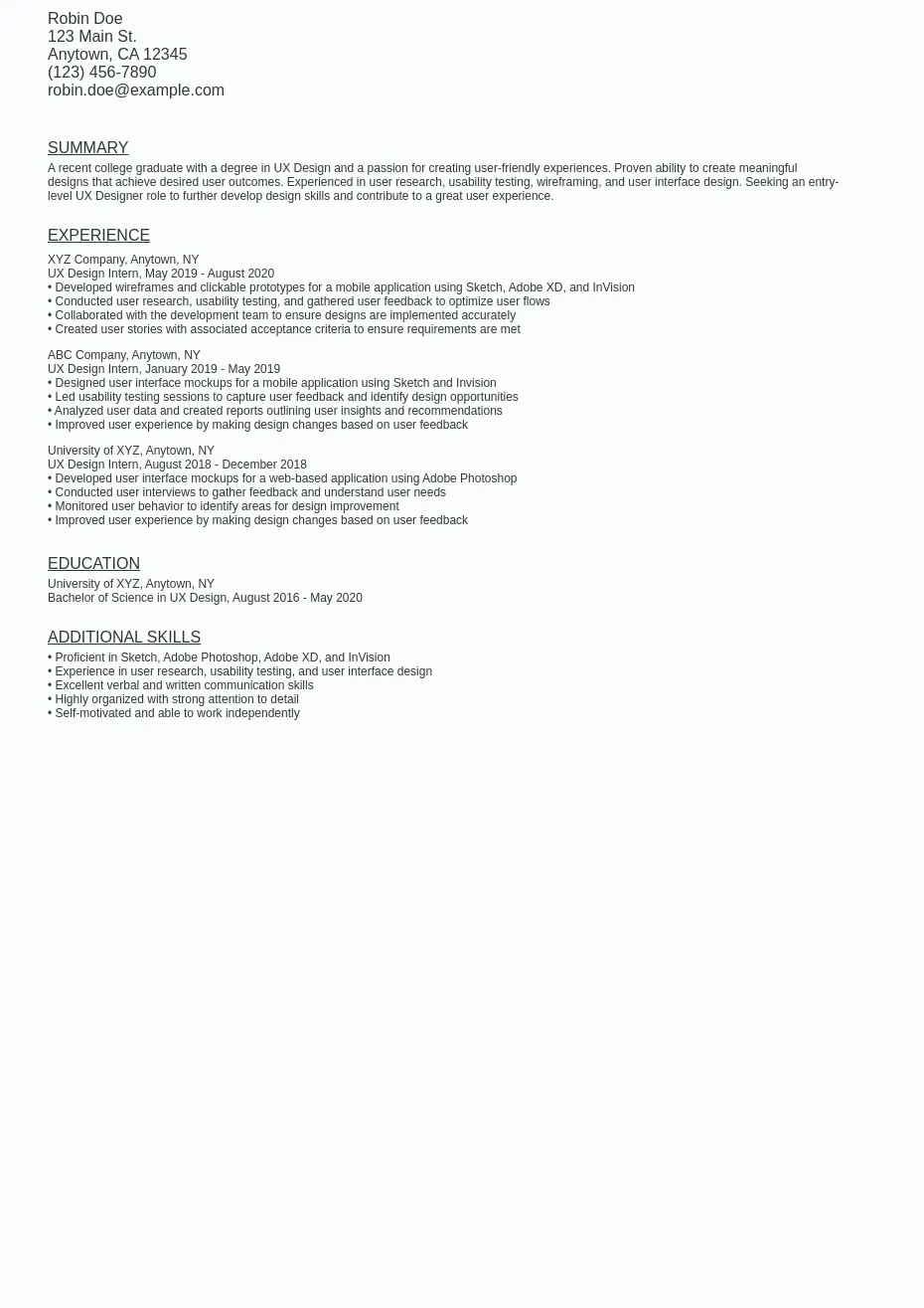 Entry Level UX Designer Resume Sample Template (Free) - Ziprecruiter