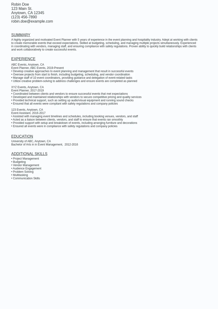 Event Planner Resume Sample Template (Free Download) Ziprecruiter