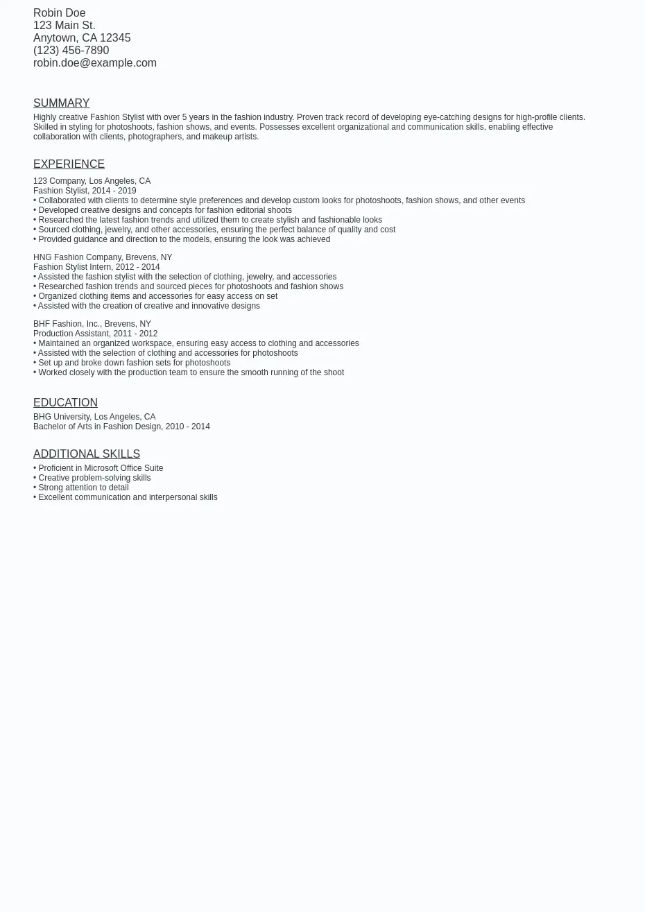 Fashion/Personal/Wardrobe Stylist Resume Sample Template (Free