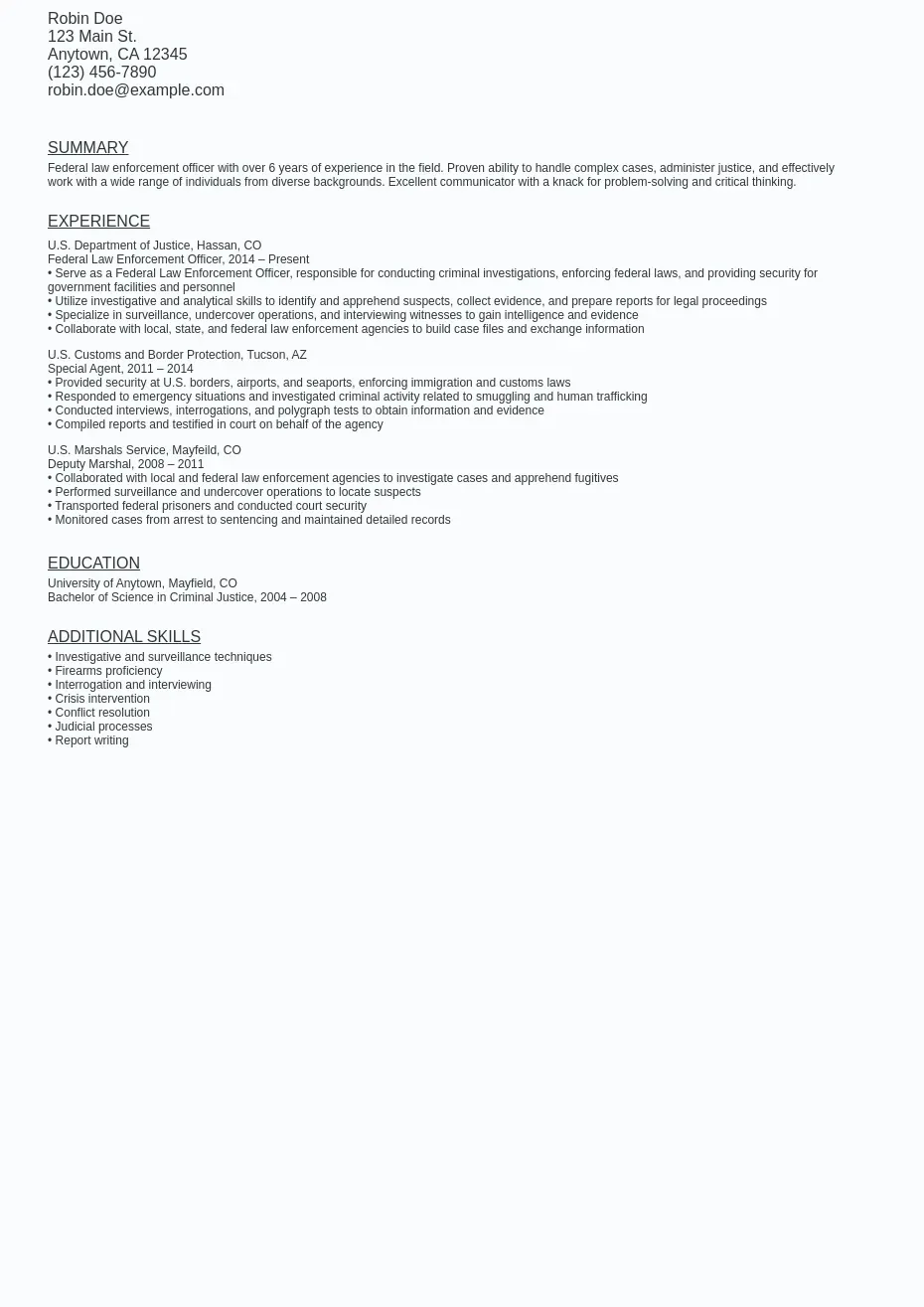 Federal Law Enforcement Resume Sample Template (Free) Ziprecruiter