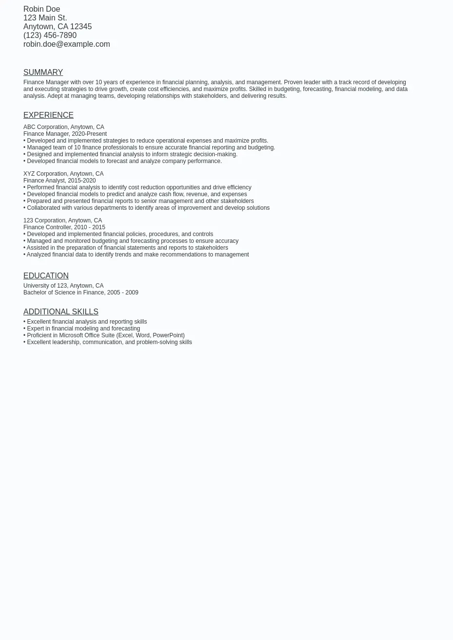 Finance Manager Resume Sample Template (Free Download) Ziprecruiter