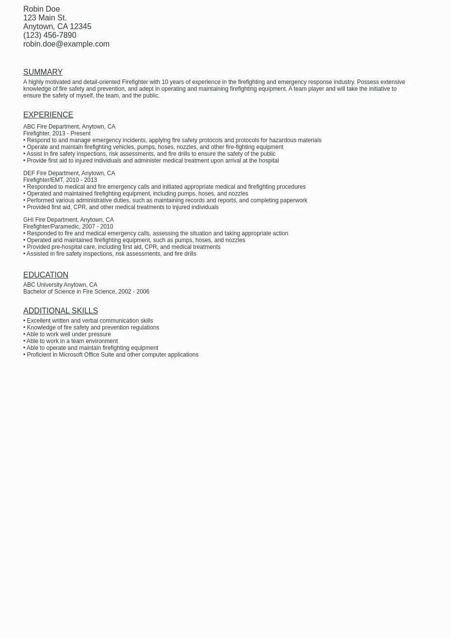 Fire Department Resume Sample Template (Free Download)