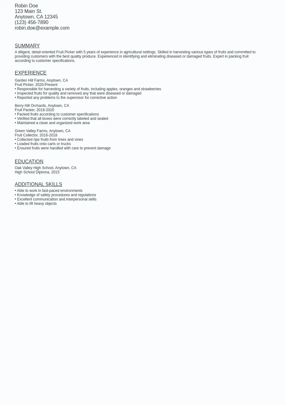 Fruit picker resume sample template free download ziprecruiter