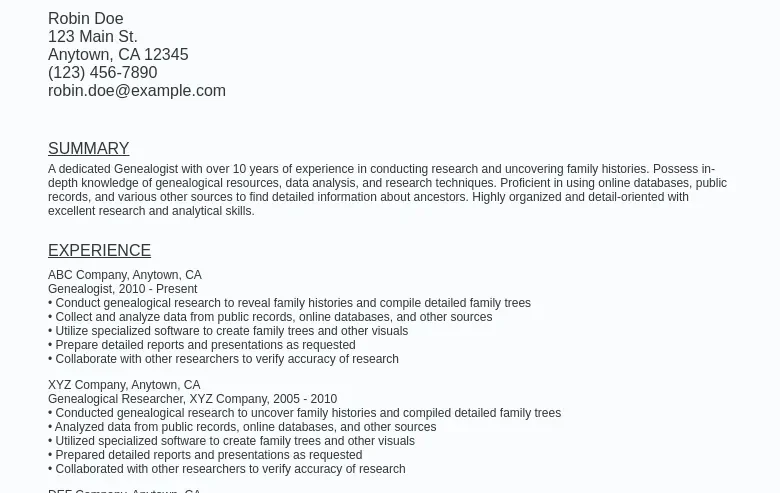 Genealogy Research Resume Sample Template (Free Download)