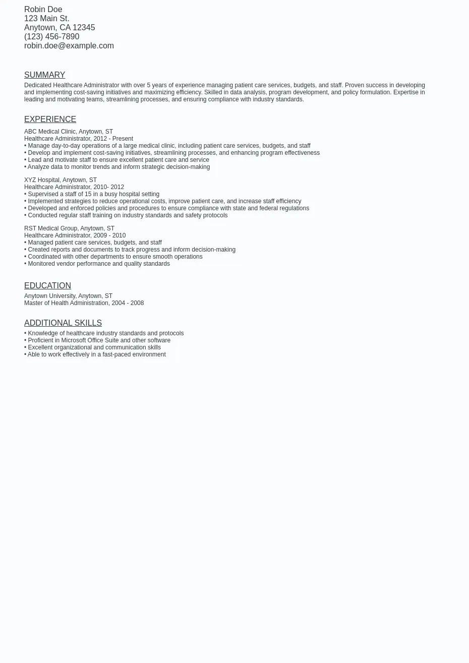 Sample resume template for Healthcare Administrator, showcasing a clean and professional layout with sections for personal details, experience, education, and skills.