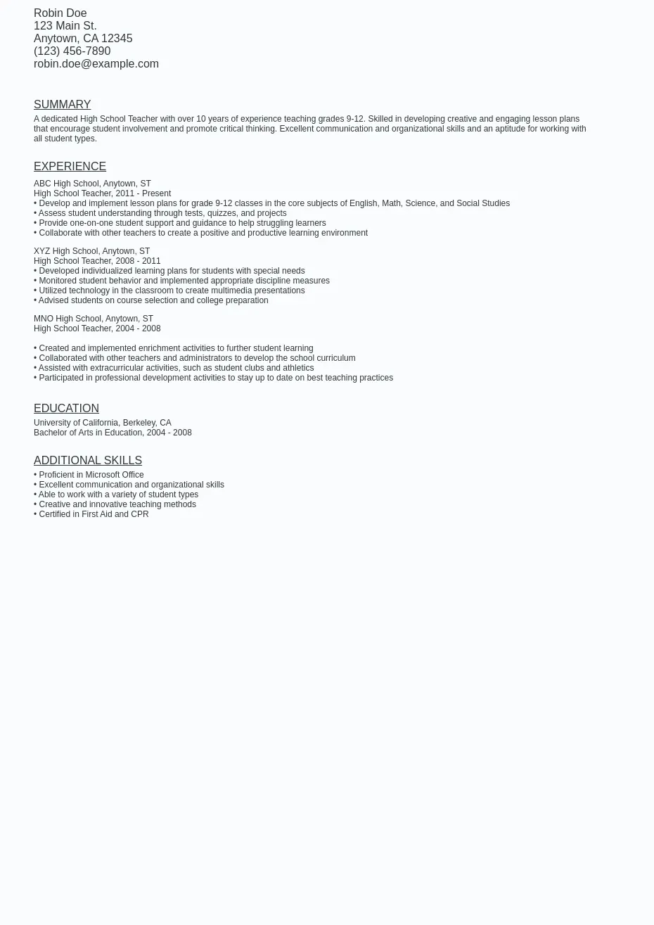 High School Teacher Resume Sample Template (Free Download) Ziprecruiter