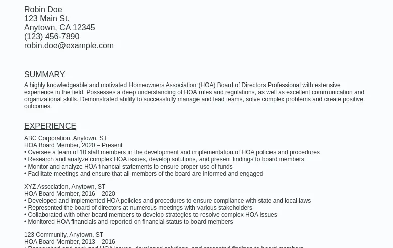 HOA Board of Directors Resume Sample Template: Free Download
