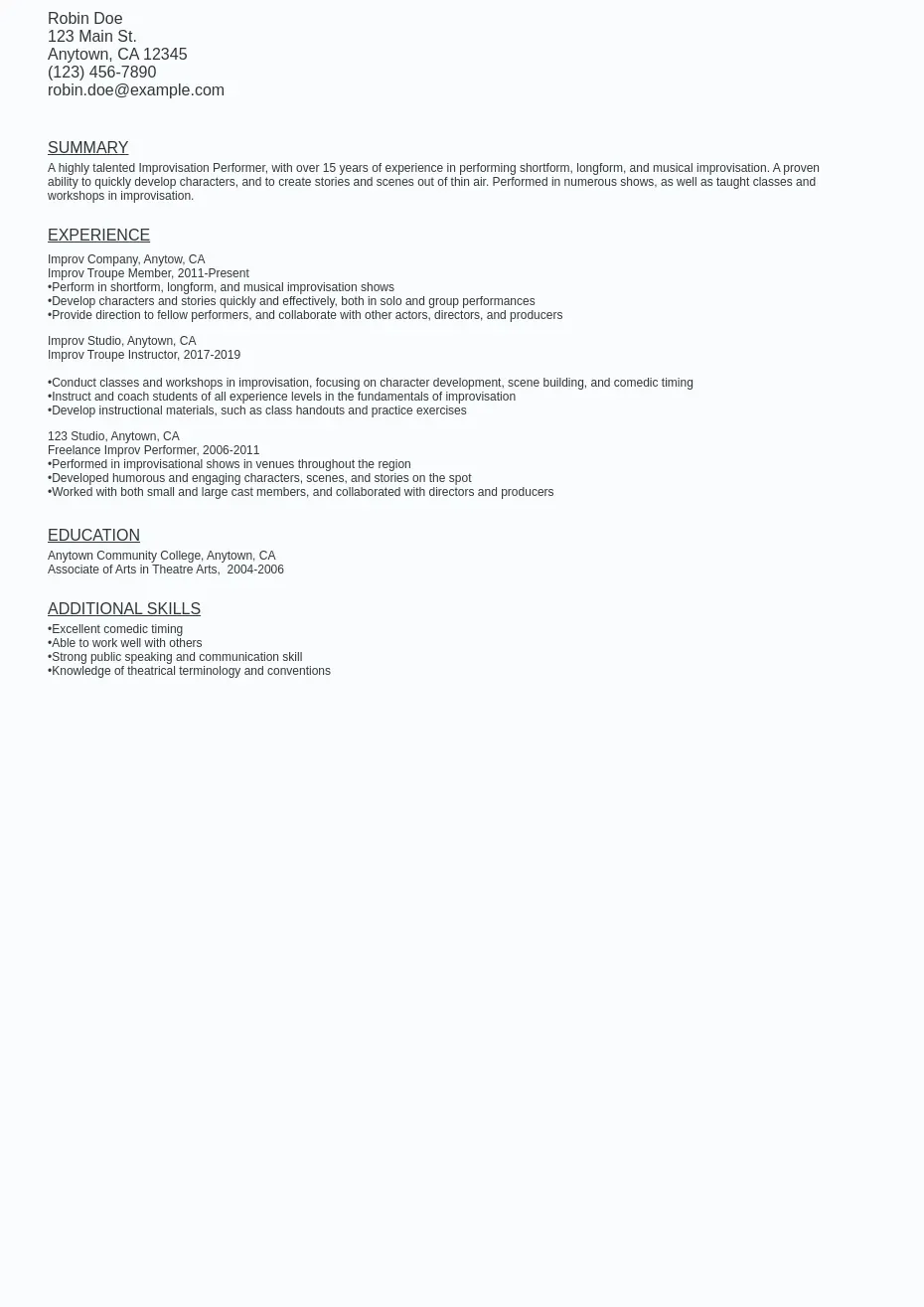 Improv Performance Resume Sample Template (Free Download) Ziprecruiter