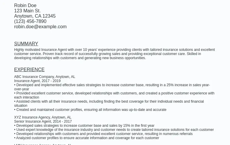 Insurance Agent Resume Sample Template (Free Download) Ziprecruiter