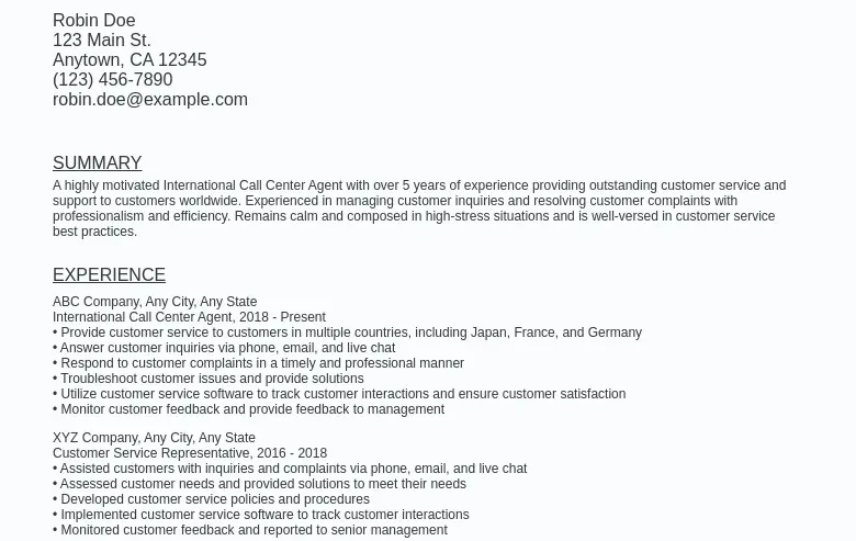 International Call Center Agent Resume Sample Template: Free Ziprecruiter