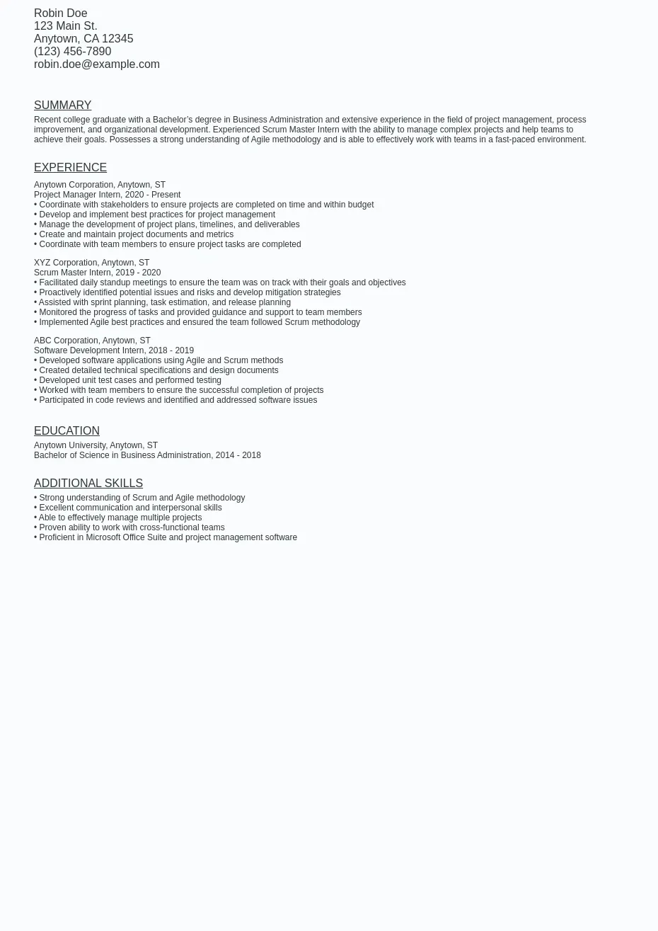 Internship Scrum Master Resume Sample Template (Free) Ziprecruiter